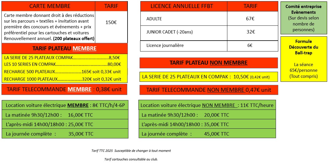 TARIF CLUB SHOOTING 2025